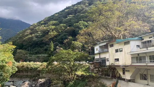 山あいの緑に囲まれた旅館の建物